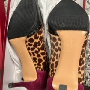 Ferragamo Dark Red Suede/Animal Print Leather Pumps with Small T-Strap